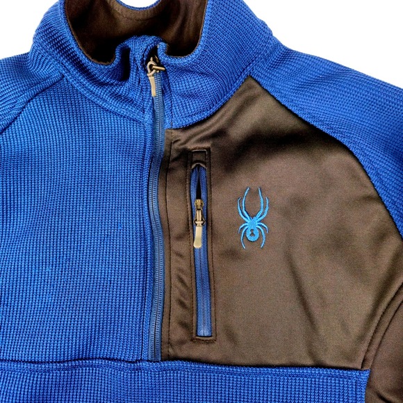 Spyder Men's Blue Black Waffle Knit 1/4 Zip Pullover Fleece Lined Jacket medium - Picture 2 of 8